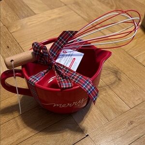 NWT Red & White “merry” Mixing Bowl with Whisk Set
